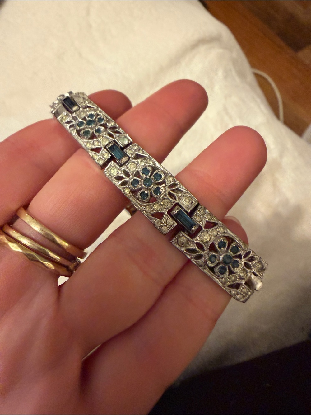 Silver Tone Floral Link Bracelet with Blue Stones